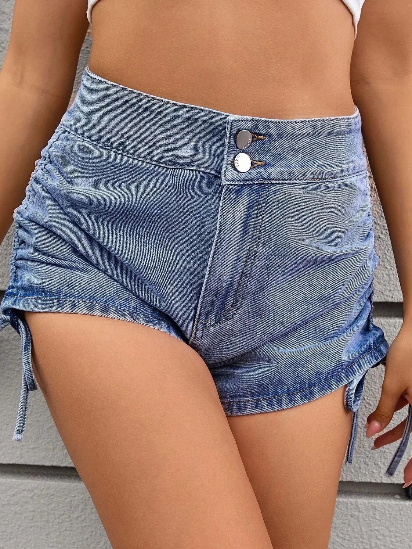 Ruched Side Drawstring Denim Shorts - Makw Official Site