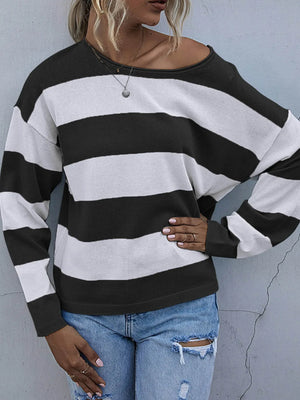 Striped Casual Long Sleeve Knit Top - Makw Official Site