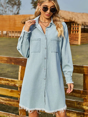 Button Up Collared Neck Raw Hem Denim Dress - Makw Official Site