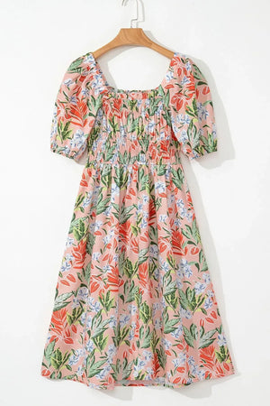 Floral Smocked Square Neck Puff Short Sleeve Midi Dress - Makw Official Site