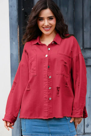 Distressed Button Up Raw Hem Denim Jacket - Makw Official Site