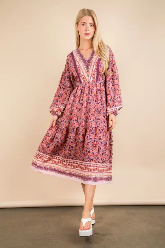 VERY J Floral Printed Boho V-Neck Balloon Sleeve Dress - Makw Official Site