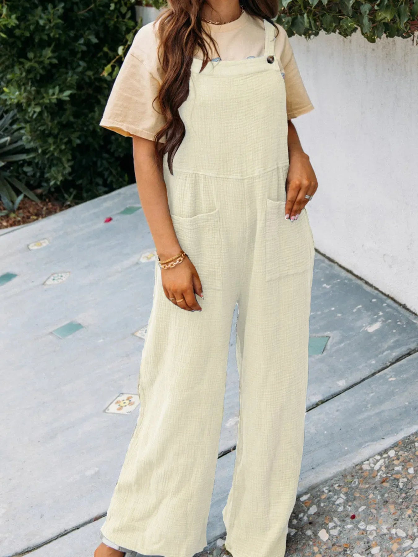Full Size Casual Wide Leg Textured Overalls Plus Size - Makw Official Site