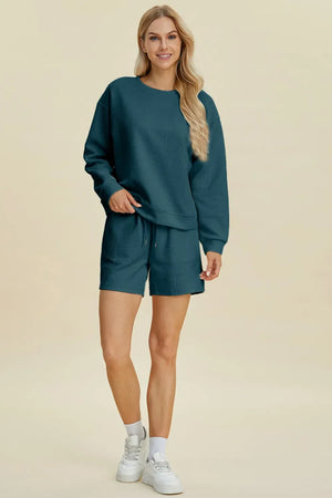 Double Take Full Size Texture Round Neck Long Sleeve Top and Shorts Set - Makw Official Site