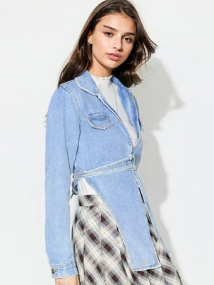 Asymmetric Slit Collared Neck Long Denim Top - Makw Official Site