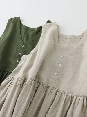 V-Neck Button Detail Sleeveless Midi Dress - Makw Official Site