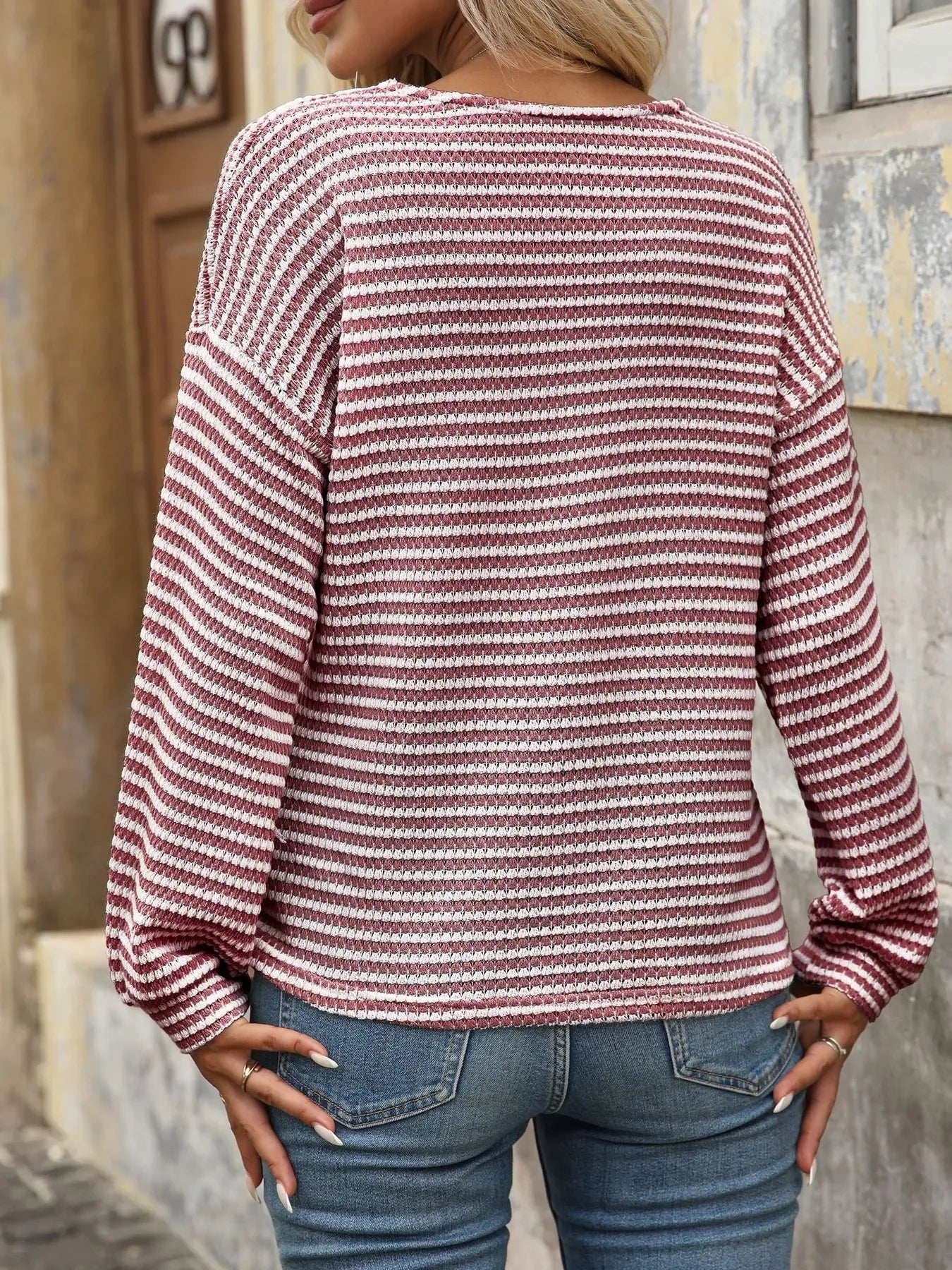 Striped V-Neck Button Front Casual Top - Makw Official Site