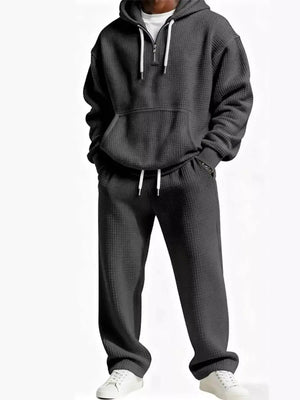 Men's Full Size Casual Waffle Knit Hoodie and Pants Set Plus Size - Makw Official Site