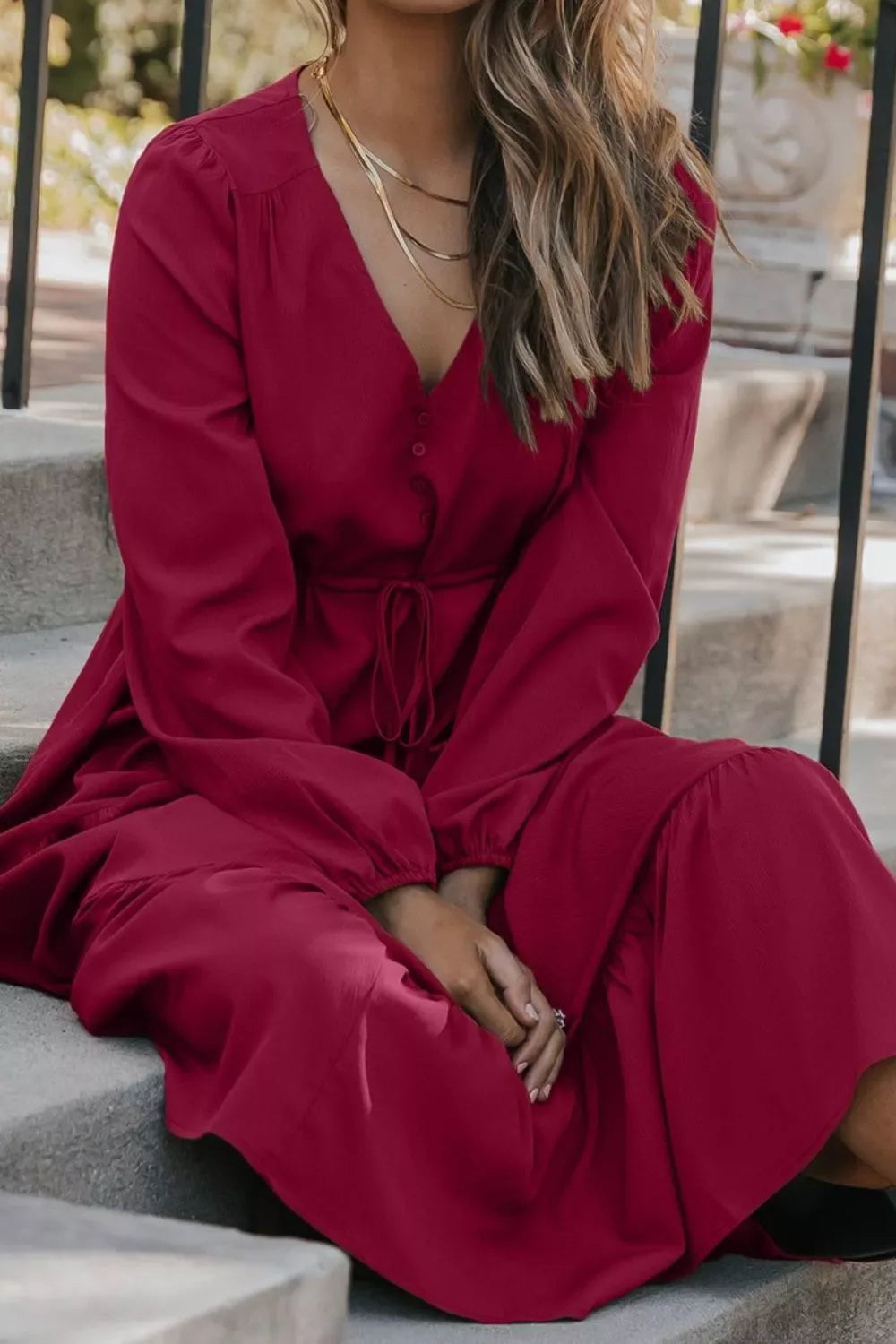 Long Sleeve Button V Neck Tiered Dress - Makw Official Site