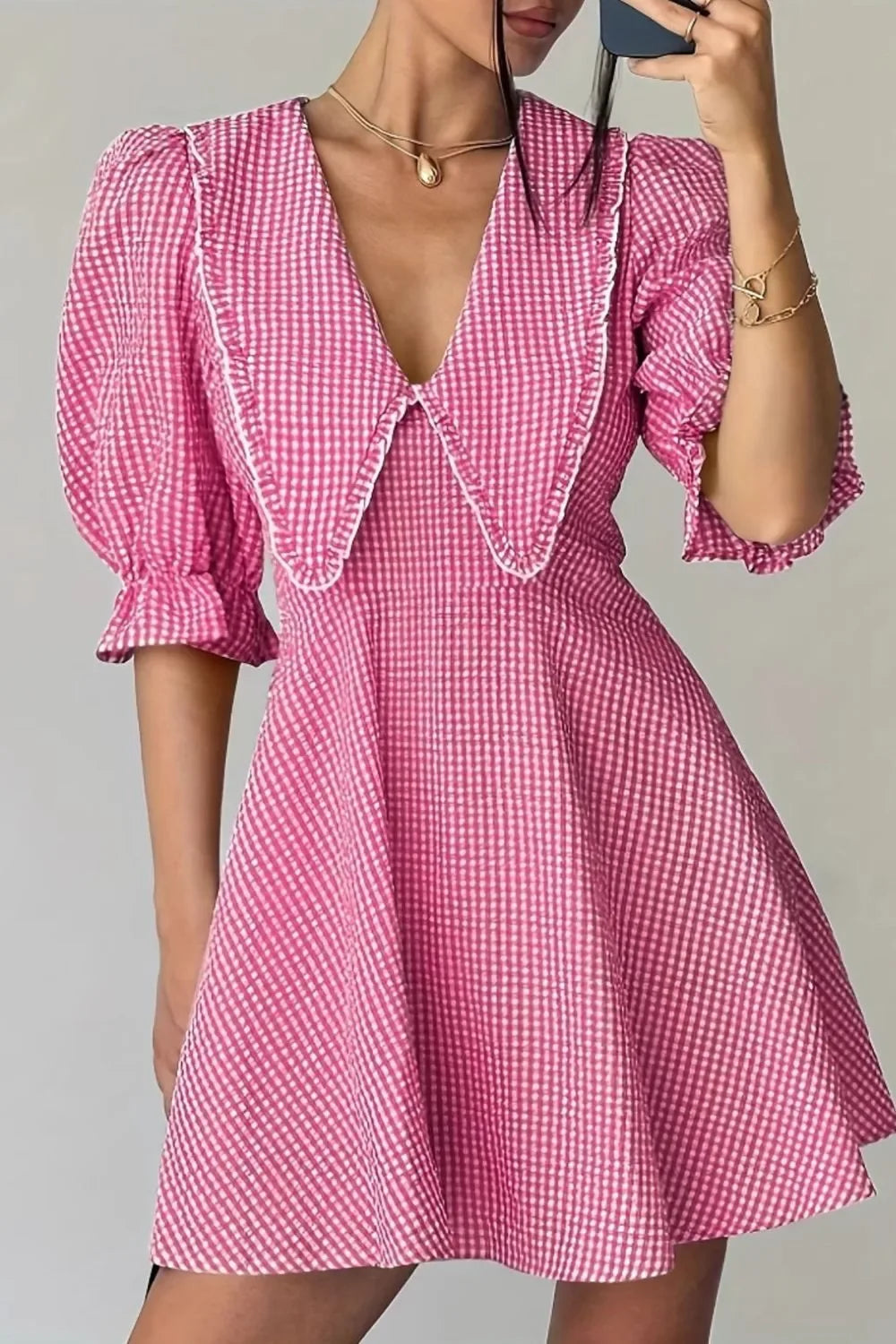 Gingham Puff Sleeve Mini Dress - Makw Official Site