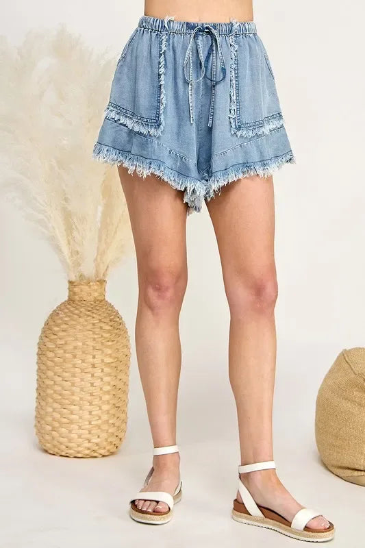 SAGE+FIG Frayed Drawstring Denim Shorts - Makw Official Site