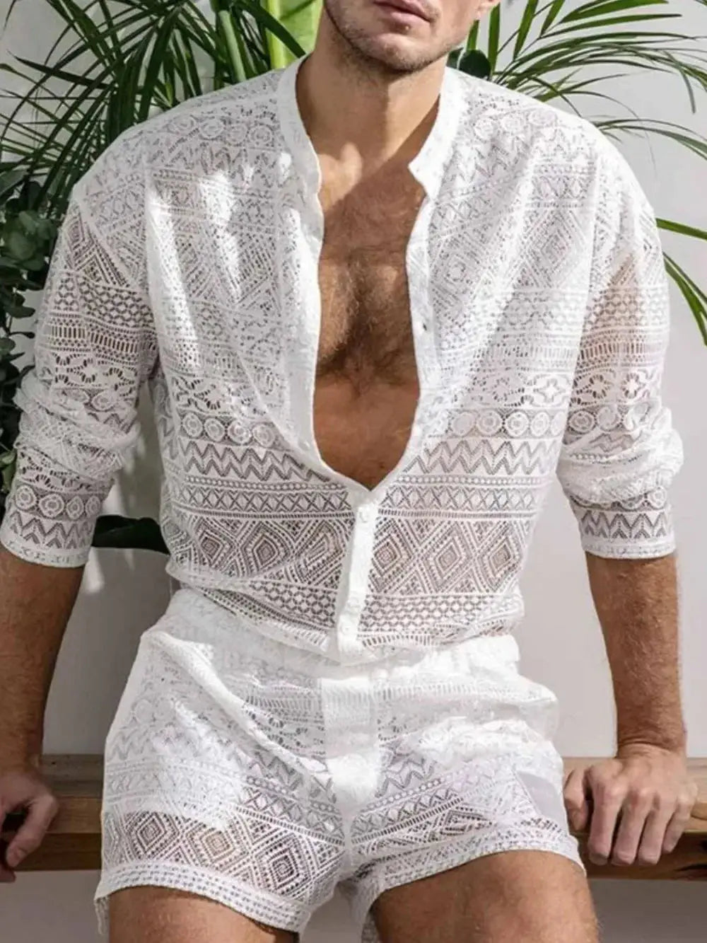 Men's Full Size Lace Button Down Top and Shorts Set Plus Size - Makw Official Site