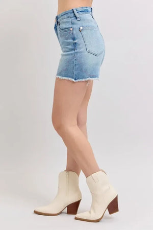 Judy Blue Full Size High Waist Western Embroidery Detail Cut Off Denim Shorts Plus Size - Makw Official Site