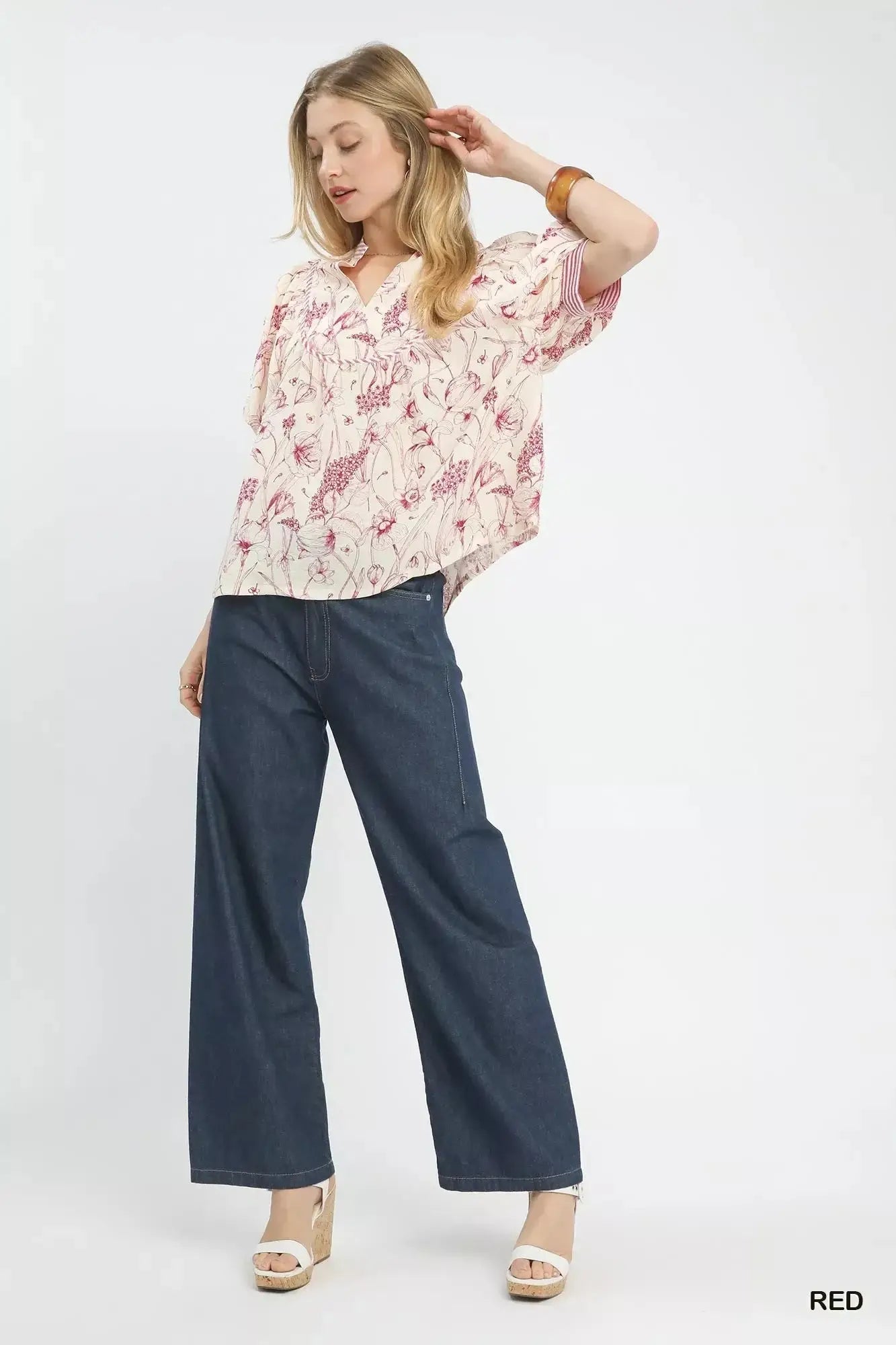 Umgee Mixed Print Puff Sleeve Split Neck Top - Makw Official Site
