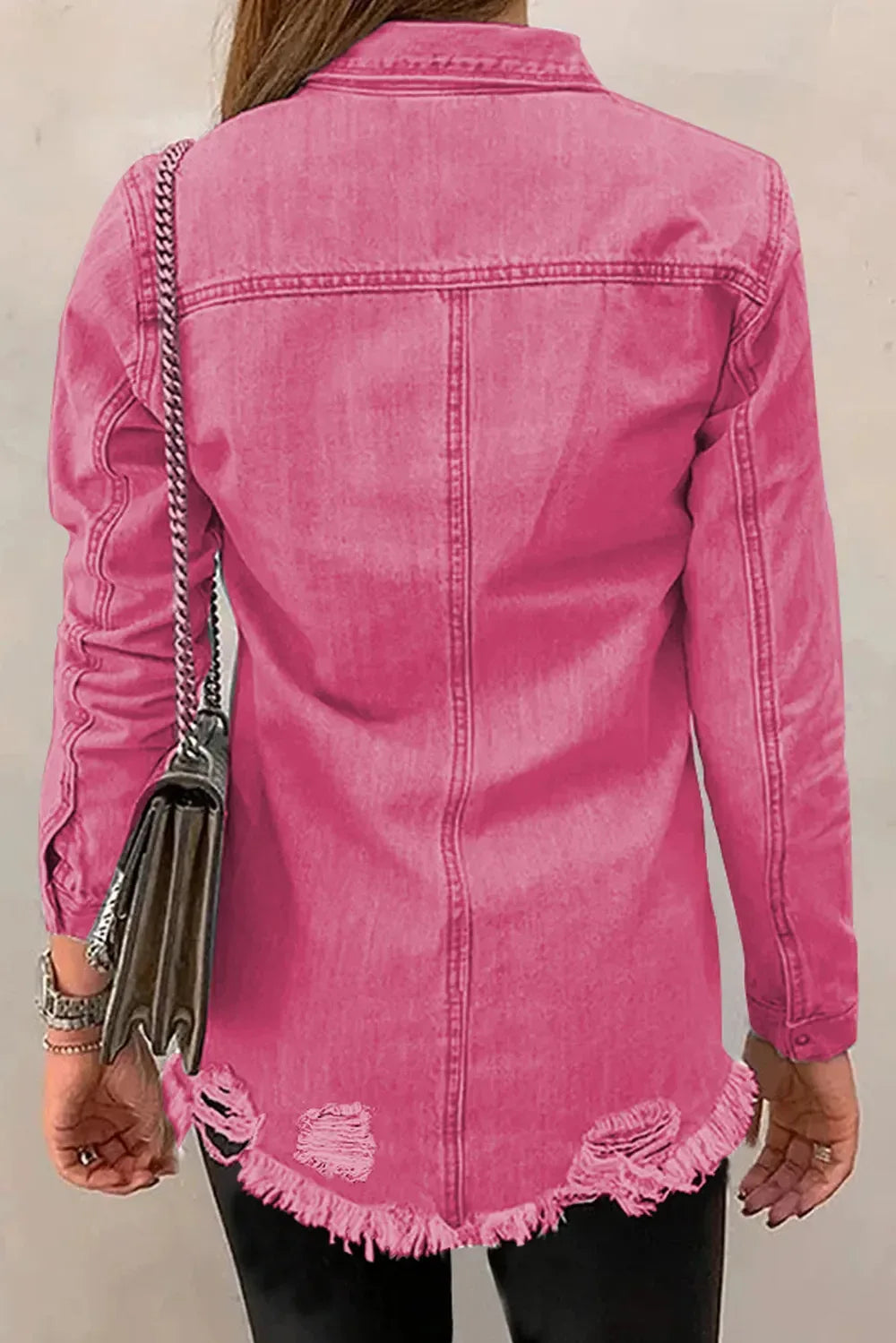 Distressed Raw Hem Snap Down Denim Jacket - Makw Official Site