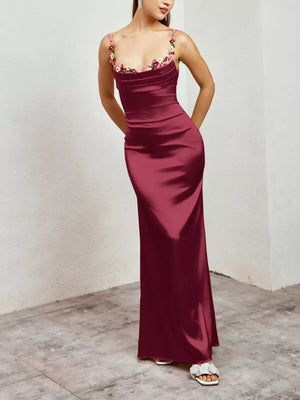 Floral Trim Satin Maxi Dress - Makw Official Site