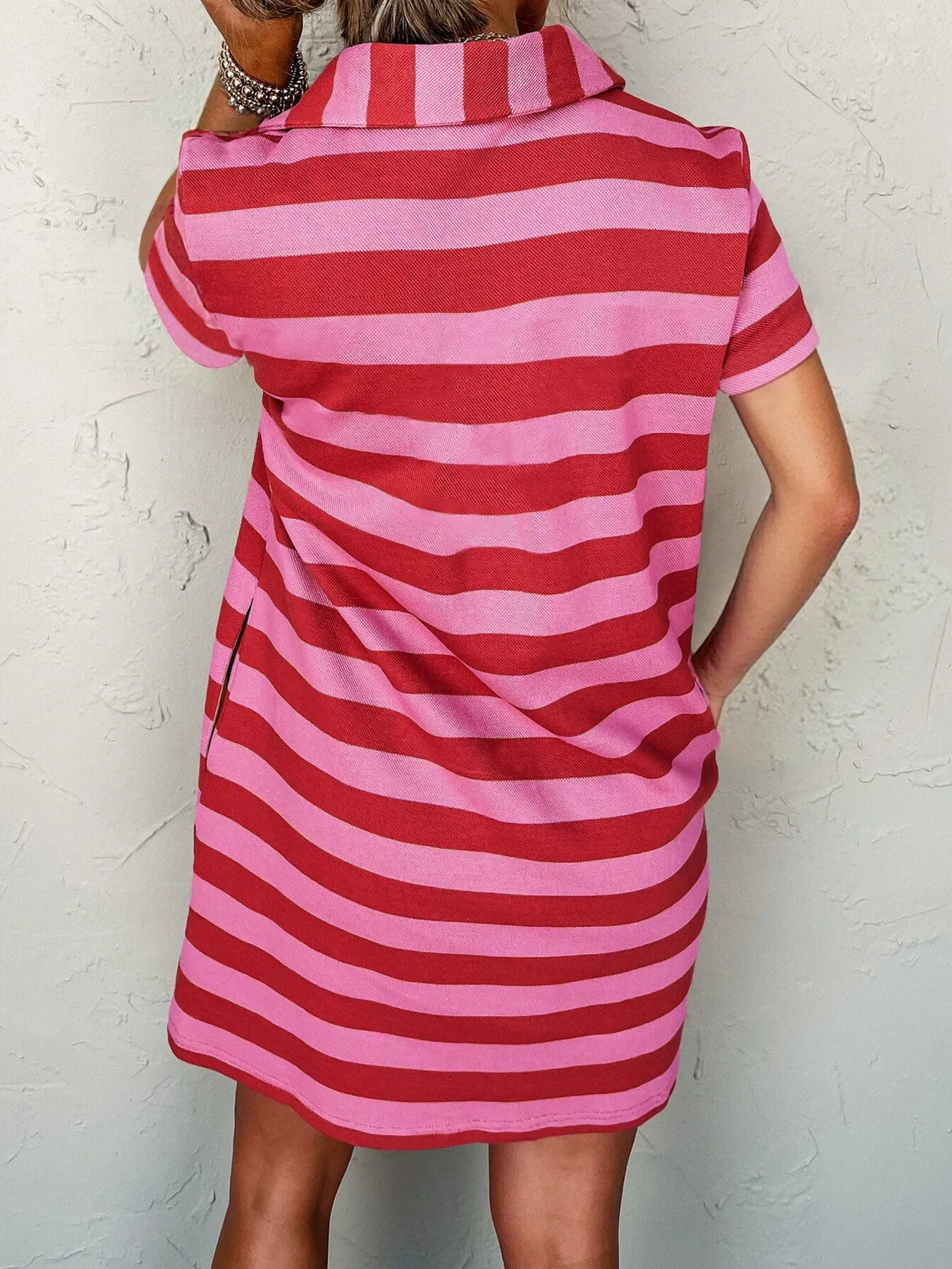 Striped Johnny Collar Short Sleeve Dress - Makw Official Site