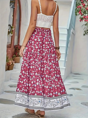 Full Size Tiered Printed Elastic Waist Skirt - Makw Official Site