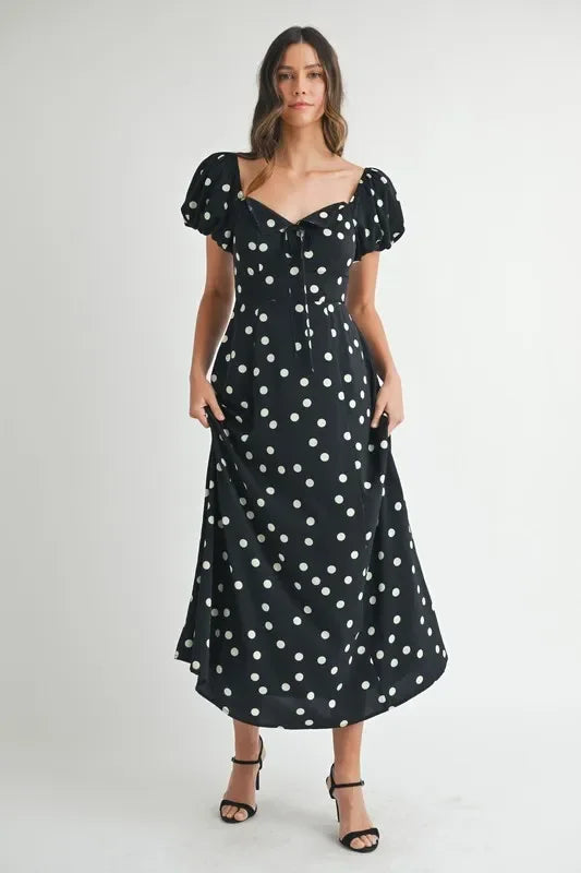 MABLE Polka Dot Puff Sleeve Midi Dress - Makw Official Site
