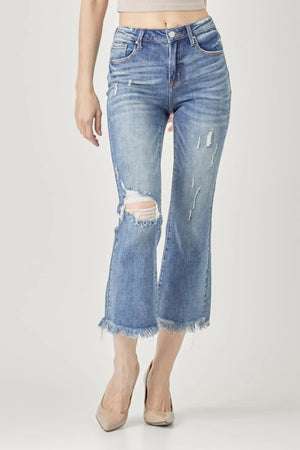 RISEN High Waist Distressed Cropped Bootcut Jeans - Makw Official Site