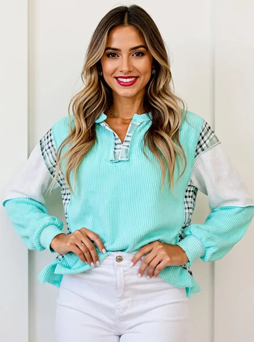 Color Block Plaid Notched Long Sleeve Top - Makw Official Site