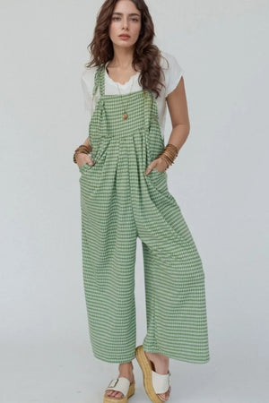 Casual Gingham Wide Leg Overalls - Makw Official Site