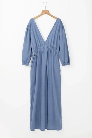 Tied Plunge Three-Quarter Sleeve Denim Dress - Makw Official Site