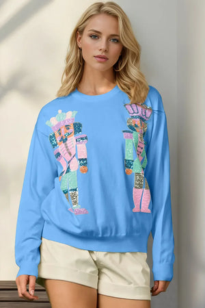 Double Take Full Size Sequin Nutcracker Long Sleeve Sweater - Makw Official Site
