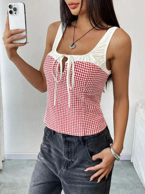 Perfee Contrast Plaid Square Neck Tank - Makw Official Site
