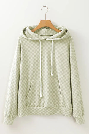 Checkered Print Kangaroo Pocket Drawstring Hoodie - Makw Official Site