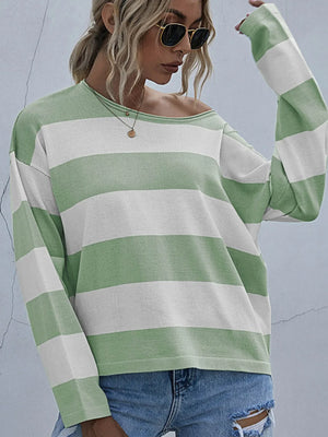 Striped Casual Long Sleeve Knit Top - Makw Official Site