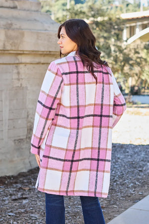 Double Take Full Size Plaid Button Up Lapel Collar Coat - Makw Official Site