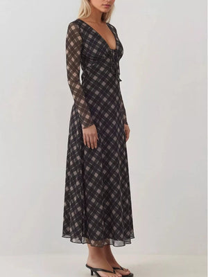 Tie Front Plaid Long Sleeve Dress - Makw Official Site