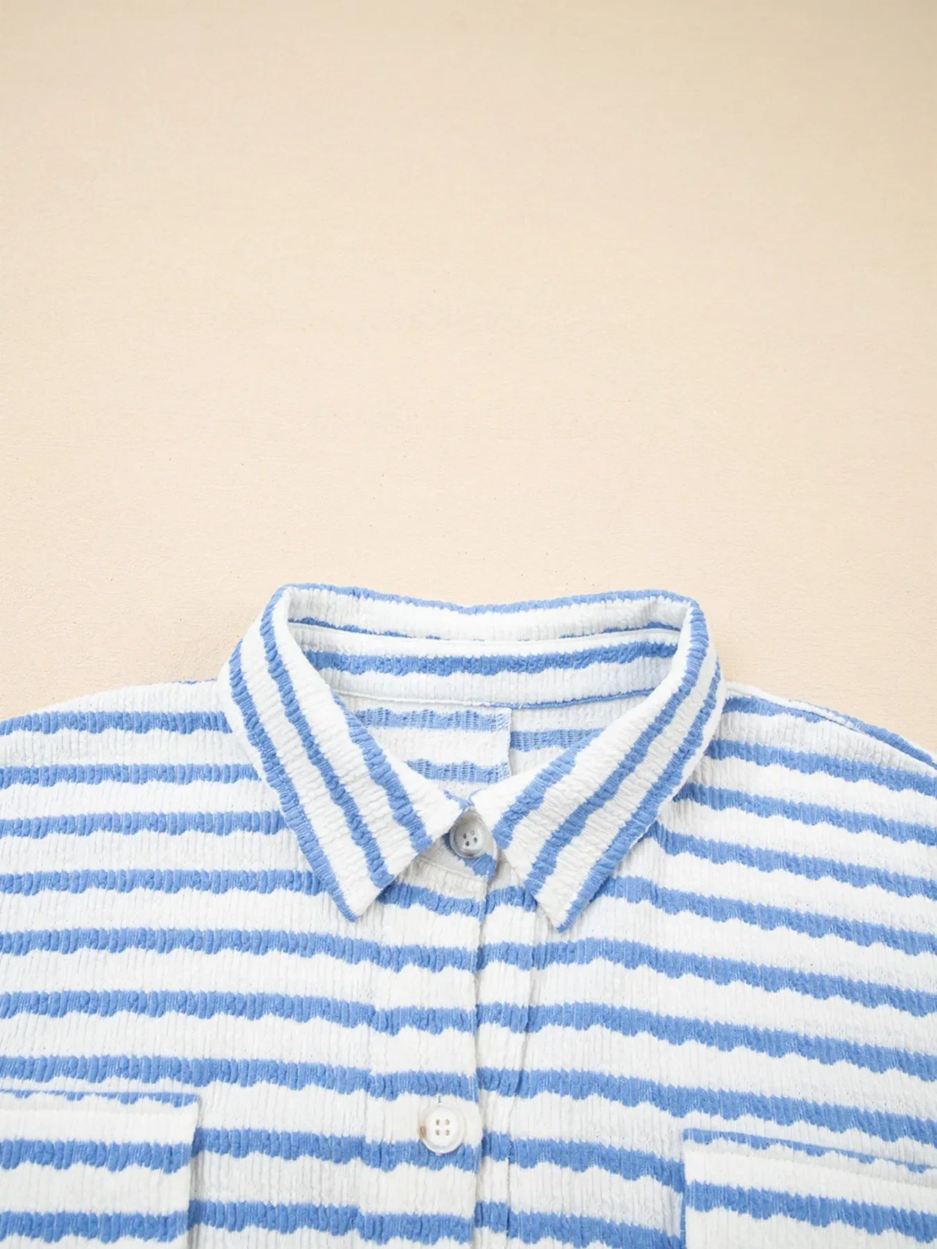 Stripe Half Button Collared Chest Pockets Loose Fit Blouse - Makw Official Site