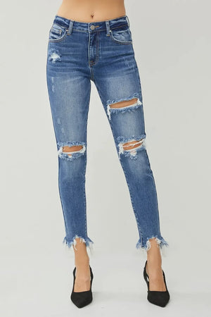 RISEN Distressed Frayed Hem Slim Jeans - Makw Official Site