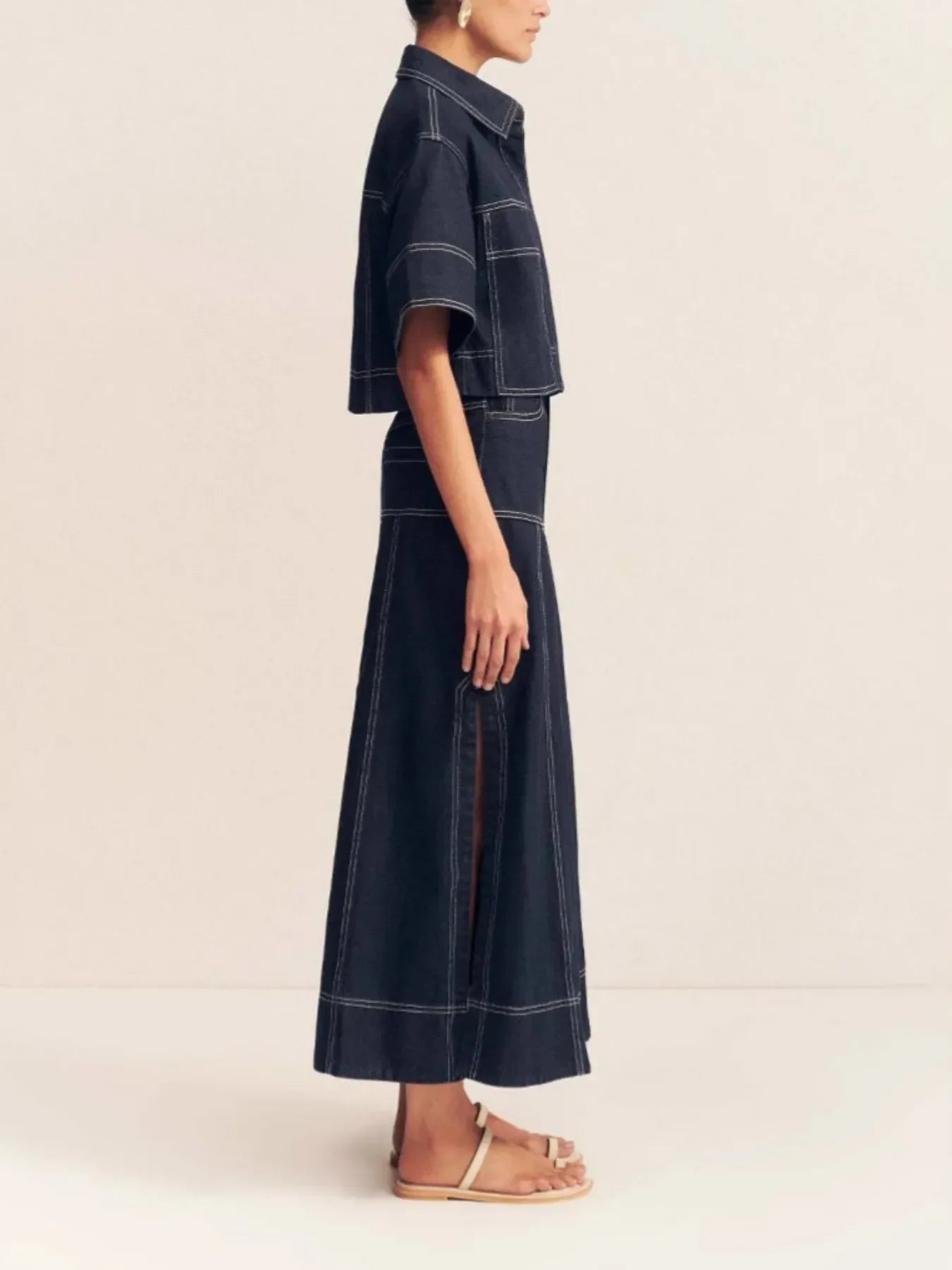 High-Waist Side Slit Contrast Stitch Denim Maxi Skirt - Makw Official Site