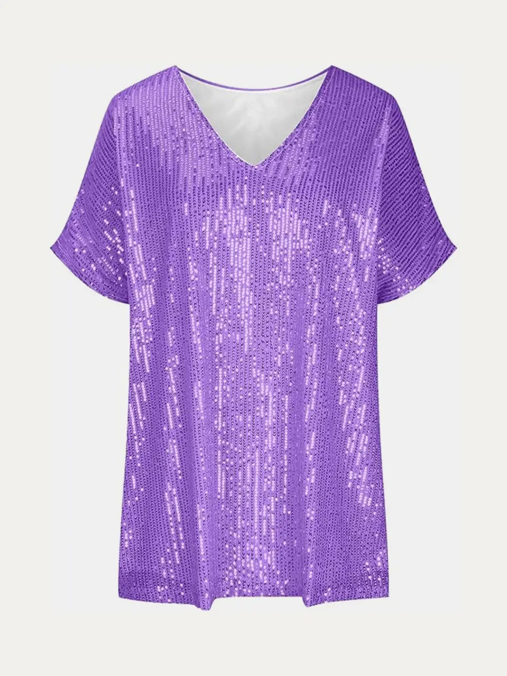 Full Size Sequin V-Neck Short Sleeve Top - Makw Official Site