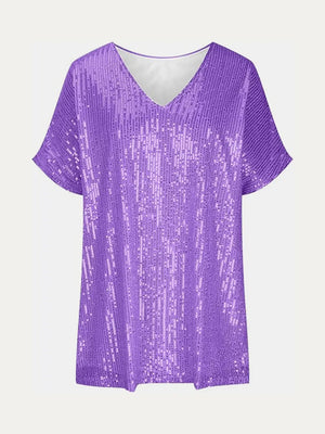 Full Size Sequin V-Neck Short Sleeve Top - Makw Official Site