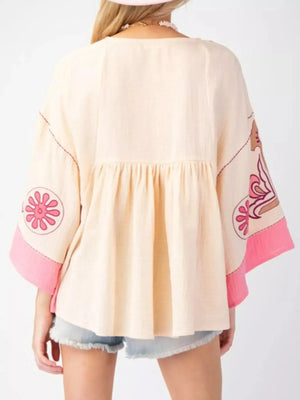 Printed V-Neck Top with Contrast Trim Details - Makw Official Site