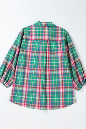 Plaid Collared Neck Three-Quarter Sleeve Shirt - Makw Official Site