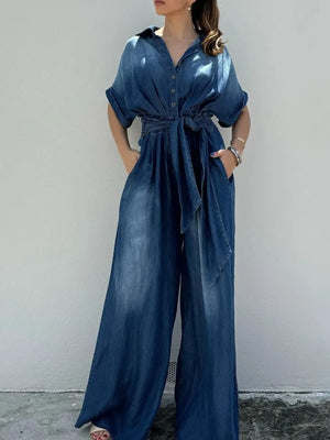 Button Front Wide Leg Denim Jumpsuit - Makw Official Site