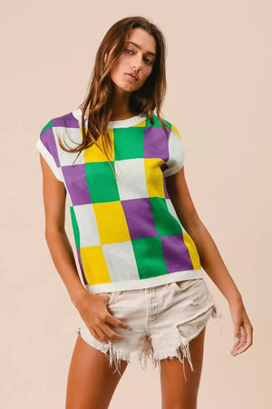 BiBi Mardi Gras Checker Pattern Sleeveless Sweater Top - Makw Official Site