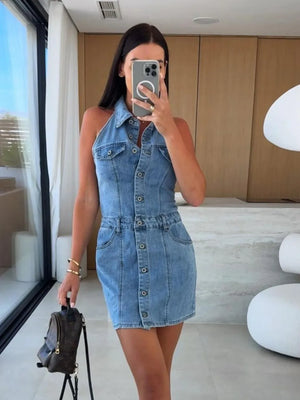 Button Front Sleeveless Denim Mini Dress - Makw Official Site