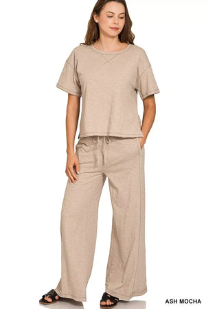 Zenana Cotton Slub Short Sleeve Tee and Pants Set - Makw Official Site