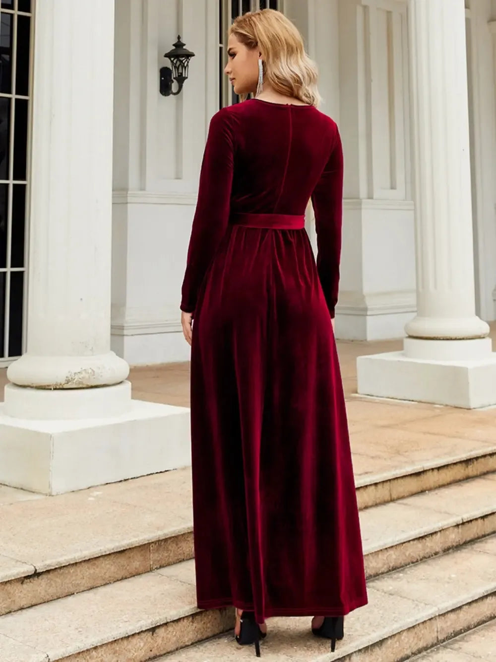 Tie Front Round Neck Long Sleeve Maxi Dress - Makw Official Site