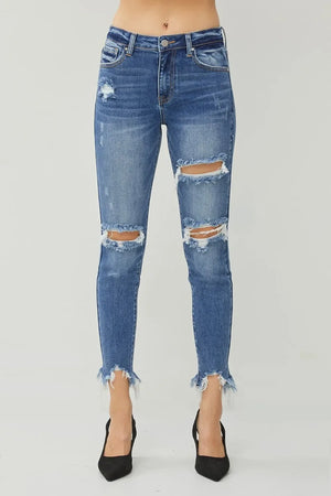 RISEN Distressed Frayed Hem Slim Jeans - Makw Official Site