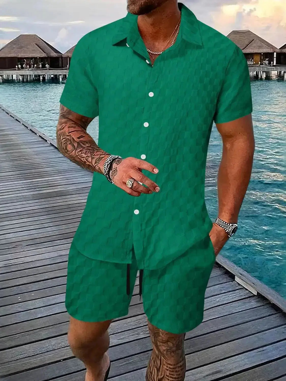 Men's Full Size Collared Neck Short Sleeve Top and Shorts Set Plus Size - Makw Official Site