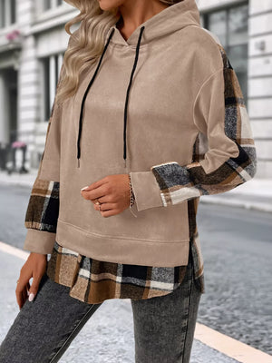 Plaid Drawstring Long Sleeve Hoodie - Makw Official Site