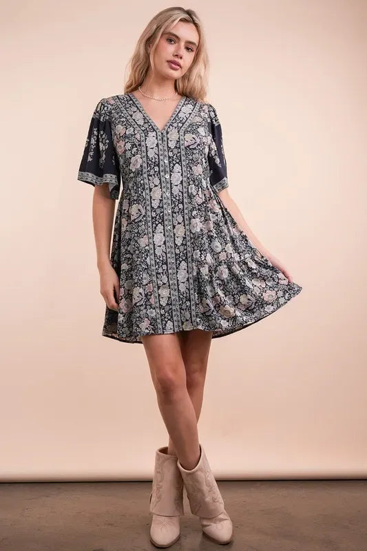 VERY J Shirring Detail Printed Woven Mini Dress - Makw Official Site