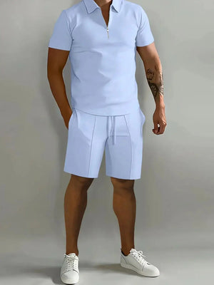 Men's Full Size Collared Neck Short Sleeve Top and Shorts Set Plus Size - Makw Official Site